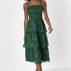 NWT Lulus Grace and Beauty Emerald Green Burnout Floral Print Tiered Dress (Sm)